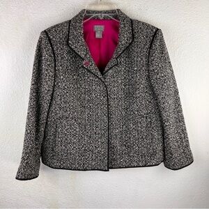 SIGRID OLSEN BLACK & WHITE HEATHER WOOL BLEND BLAZER. Black piping edges.